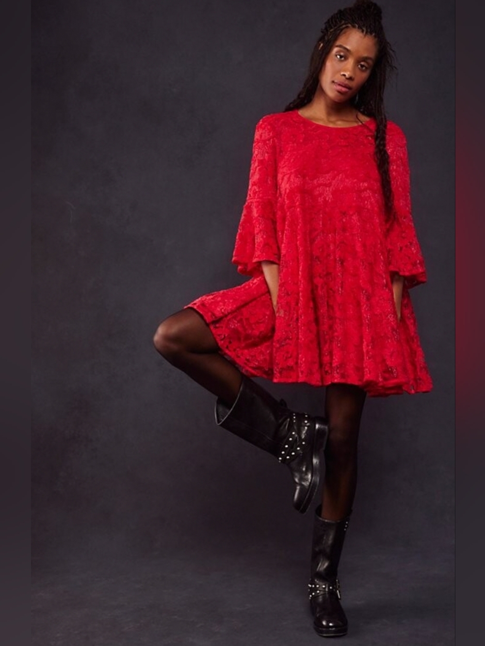 ​Free People Le Fleur Red Lace Babydoll Swing Mini Dress Festival Romatic Medium - Picture 2 of 12